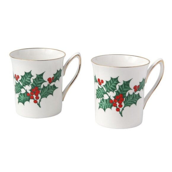 Vintage Rosino Christmas Bone China Mugs Holly Berry Gold Green Red 90s Holidays - Picture 2 of 5